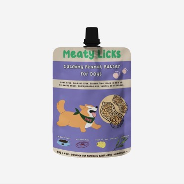 Beurre de cacahuète apaisant pour chien en gourde refermable – Meaty Licks, Apex Pet Products - Le Maître des Lieux